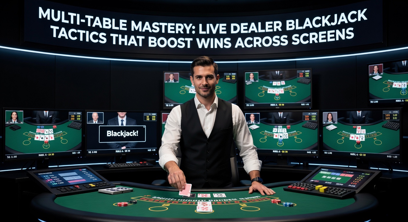 Mehrere Bildschirme mit Live-Dealer-Blackjack-Tischen, die simultan gespielt werden, um Multi-Table-Strategien zu demonstrieren