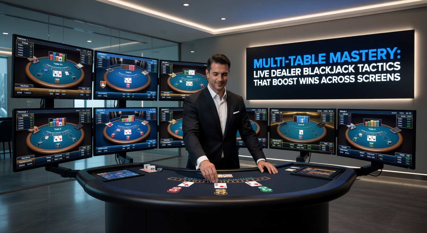 Nahaufnahme eines Multi-Monitor-Setups mit Live-Blackjack-Tischen, Strategie-Charts und Bankroll-Tracker, die Taktiken illustrieren